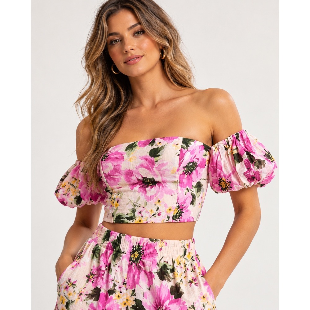 Abercrombie & Fitch Floral Pink Puff Sleeve Off Shoulder Crop Top Womens Size M